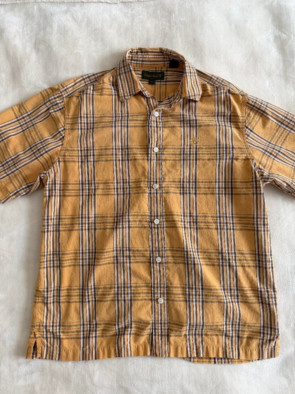 Timberland Mens L Mustard Yellow Plaid Short Sleeve Button Up Shirt Distressed